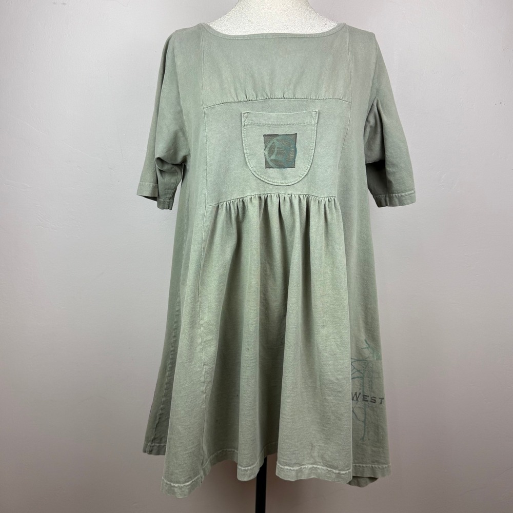 Blue Fish Tunic Dress Women OS Sage Green Lagenlook Art to Wear Artsy Whimsy 90s